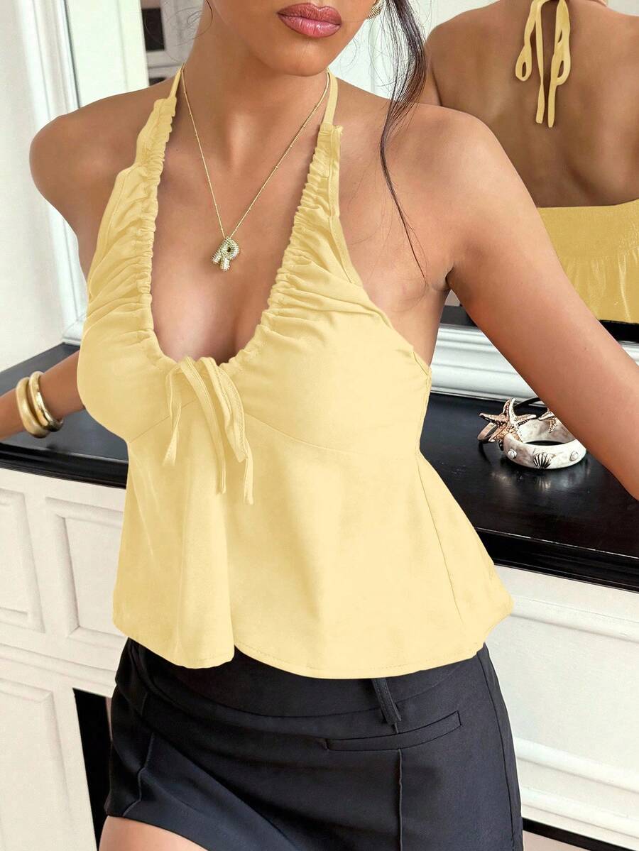 Chiquease Áo yếm hở vai thắt nơ có dây rút cổ chữ V sâu dáng chữ A thanh lịch gợi cảm sang trọng dành cho nữ - Vàng nhạt - Xem 1