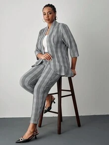 SHEIN Tall CURVE 大码格子西装外套和裤子套装，商务休闲 - 彩色 - 查看 7