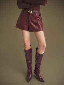 Ontre Burgundy Summer Elegant Dining Women's PU Leather Shorts,Elastic Waist Casual Wine Red Shorts With Pockets,Minimalist Office Business Commute Wear - Burgundy - View 3