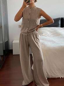 DAZY Women's Crew Neck Sleeveless Top And Loose Fit Pants 2 Pieces Set Lounge Sets For Women - Khaki - View 4