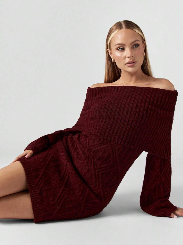 MISSGUIDED Vestido de suéter con hombros descubiertos, tejido de punto grueso, cuello de cuello vuelto, manga larga, acogedor y cálido para el invierno, otoño, moda navideña, fiesta de Navidad