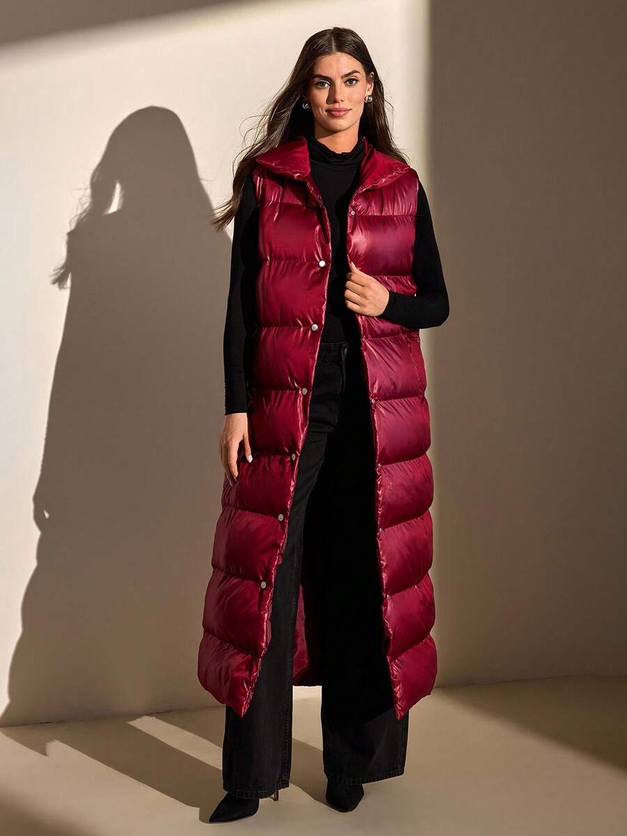 CLARA VERO 女款絎縫鈕扣式加厚背心外套,秋季登山休閒酒紅色 - 酒紅色 - 查看 1