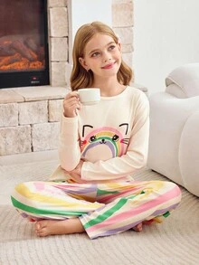 SHEIN 青少年女孩卡通印花圆领长袖上衣和条纹裤睡衣套装 - 杏色 - 查看 1