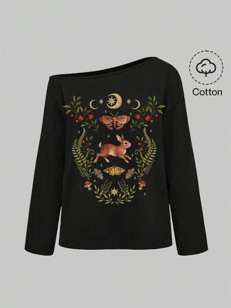 Embroidered Rabbit, Cute Forest Style, Gothic Dark, Mushroom, Strawberry, Star, Butterfly, Sexy Asymmetrical Shoulder, Street Style, Loose Basic Black Solid Color Asymmetrical Shoulder Long Sleeve Plus Size T-Shirt