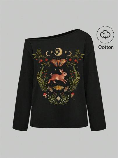 Embroidered Rabbit, Cute Forest Style, Gothic Dark, Mushroom, Strawberry, Star, Butterfly, Sexy Asymmetrical Shoulder, Street Style, Loose Basic Black Solid Color Asymmetrical Shoulder Long Sleeve Plus Size T-Shirt