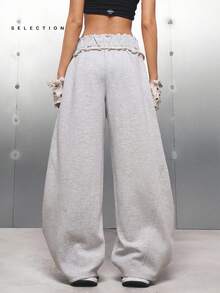 LYSMO 女式松紧腰口袋阔腿宽松休闲运动裤 - 淺灰色 - 查看 2