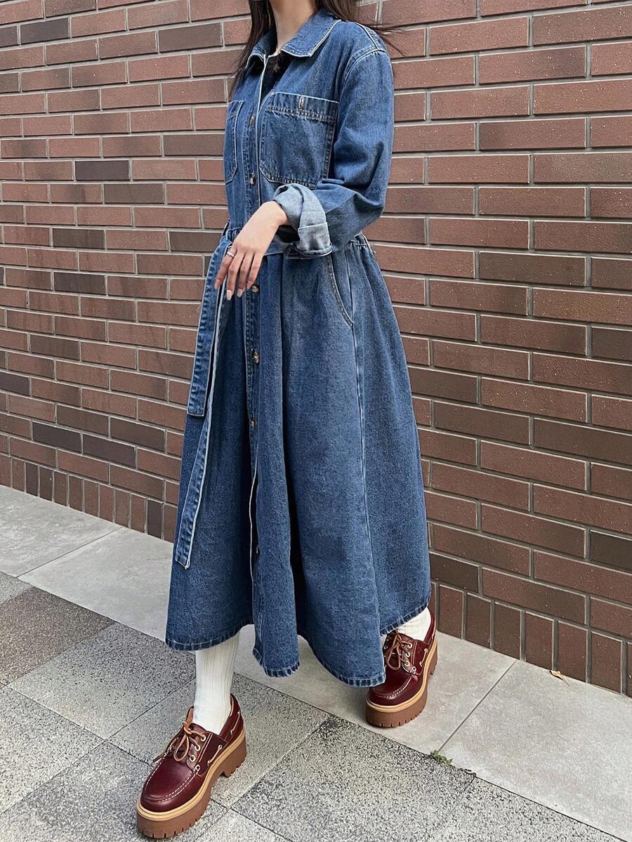 FRIFUL Women's Casual Washed Front Button Denim Dress, Autumn Denim Maxi Dress Women Jean Dress Long Sleeve Denim Dress Women Denim Dress - Blue - View 1