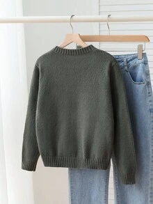 SHEIN Explorewe Girls' Casual US Flag Design Knit Sweater, Round Neck Long Sleeve Star Striped Pullover Knit Top, Suitable For Autumn/Winter Fall - Dark Green - View 2