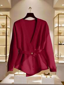 GlowEve CURVE Plus Size Women Elegant French Style Knit Cardigan With Belt Design - Burgundy - View 1