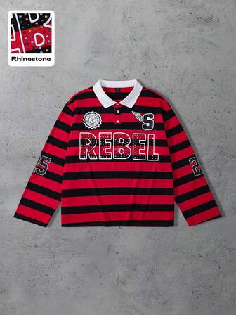 Street Life Polo à manches longues ample avec rayures et diamants scintillants pour homme, pour l'automne