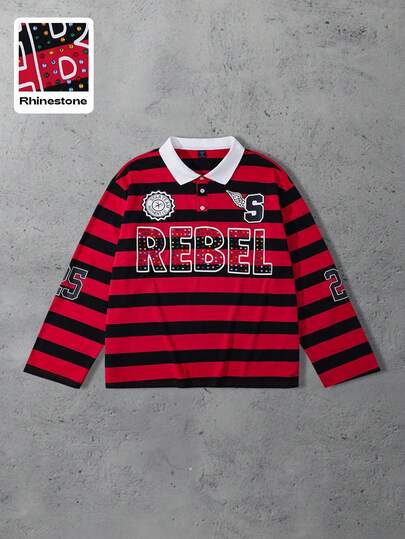 Street Life Camicia polo a maniche lunghe con strisce e brillantini, vestibilità ampia, adatta per l'autunno