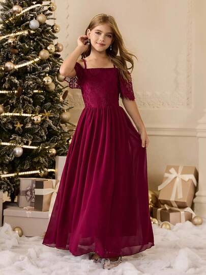 优雅奢华的勃艮第露肩短袖长款网眼连衣裙，适合少女穿着，适合宴会、晚会、婚礼、花童、度假、毕业典礼、圣诞节、万圣节等场合