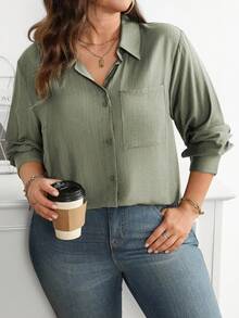 Vionelle Áo sơ mi tay dài màu trơn đa năng cỡ lớn - màu xanh lá - Xem 3
