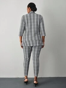 SHEIN Tall CURVE 大码格子西装外套和裤子套装，商务休闲 - 彩色 - 查看 3