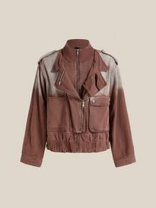 Easelle Women's Vintage Gradient Brown Denim Jacket,All Shades Of Brown,Autumn,Streetwear,Everyday Western Style Zipper Front Loose Drop Shoulder Outerwear - Brown - View 8