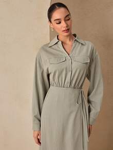 Graceveil Women's Gray V-Neck Long Sleeve Shirt Dress With Layered Design