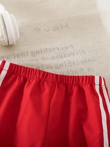 SHEIN Babygirl Cute Versatile Sporty Casual Red Elastic Waist Pants Fall Winter - Red - View 5