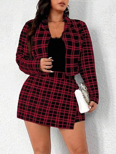 Elenzga Plus Size Houndstooth Print Lapel Collar Long Sleeve Blazer Paired With Elastic Waist Asymmetric Hem Skorts 2 Pieces Casual Outfit