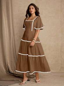 Roveilla Vestido casual de verano con parches, volantes y lazo para mujer de talla grande - Marrón - Ver 5