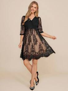 Amorya Contrast Lace Overlap Collar Mesh Overlay Dress