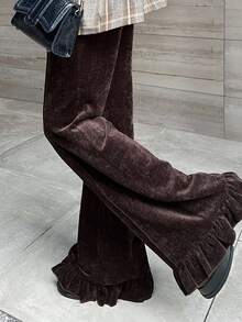 Dazy Tall 女士高挑/长款花卉蕾丝下摆松紧腰优雅丝绒休闲裤 - 鏽棕色 - 查看 5