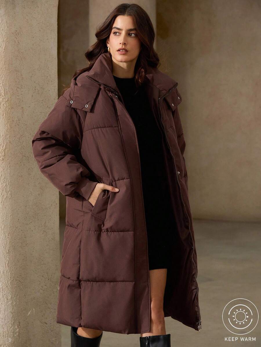 Aveloria Rosie Women's Mid-Length Padded Coat, Stand Collar Hooded, Loose Fit, Warm, Casual, Versatile, Korean Style, Winter