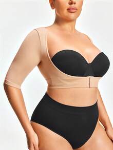 SHAPORA Plus Size Solid Color Front Closure Shaping Short Sleeve Bra Top, Suitable For Everyday Wear - Beige - View 3
