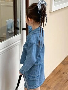 Genkimix Kids 3pcs/Set Young Girl Autumn School Back-To-School Outfit,Patchwork Heart Embroidered Vest,Denim Jacket,Casual Skirt,Fashion Street Style Fall Winter - Blue - View 3