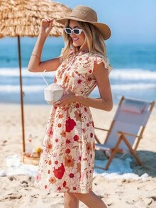 Sylviya 女士休闲盖袖花卉印花中长度假连衣裙