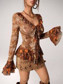 SHEIN ICON Women's Floral Print Ruffle Trim Tie Front Blouse