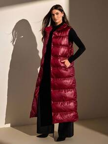 CLARA VERO 女款絎縫鈕扣式加厚背心外套，秋季登山休閒酒紅色 - 酒紅色 - 查看 3