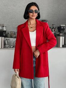 SHEIN Phụ nữ, Mùa thu, Màu đỏ, Chiều dài thông thường, Tay dài, Có thắt lưng, Túi - Đỏ - Xem 4