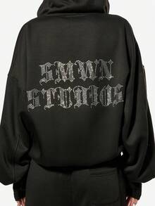 SUMWON WOMEN Sudadera con capucha con cremallera y capucha con cordón, con letras de strass en contraste, estilo gótico de Halloween - Negro - Ver 2