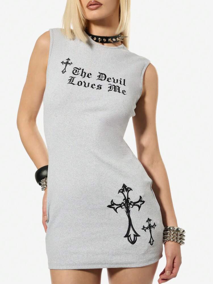 SUMWON WOMEN 고딕 크로스 프린트 리브 바디콘 미니 드레스