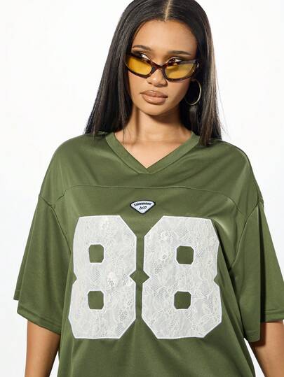 SUMWON WOMEN Oversized Mesh Varsity Jersey V Neck Tee Applique Lace Number 88 Statement Casual Streetwear Summer Loose Fit T Shirt