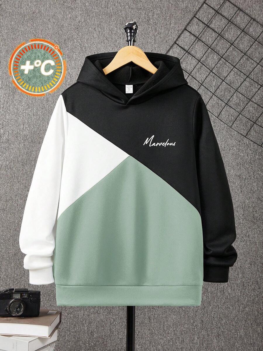 SHEIN 10pcs/Set Teen Boy Casual Loose Comfortable Versatile Printed Patchwork Contrast Color Sweatshirt, Fall/Winter, White/Black/Brown - Mint Green - View 1