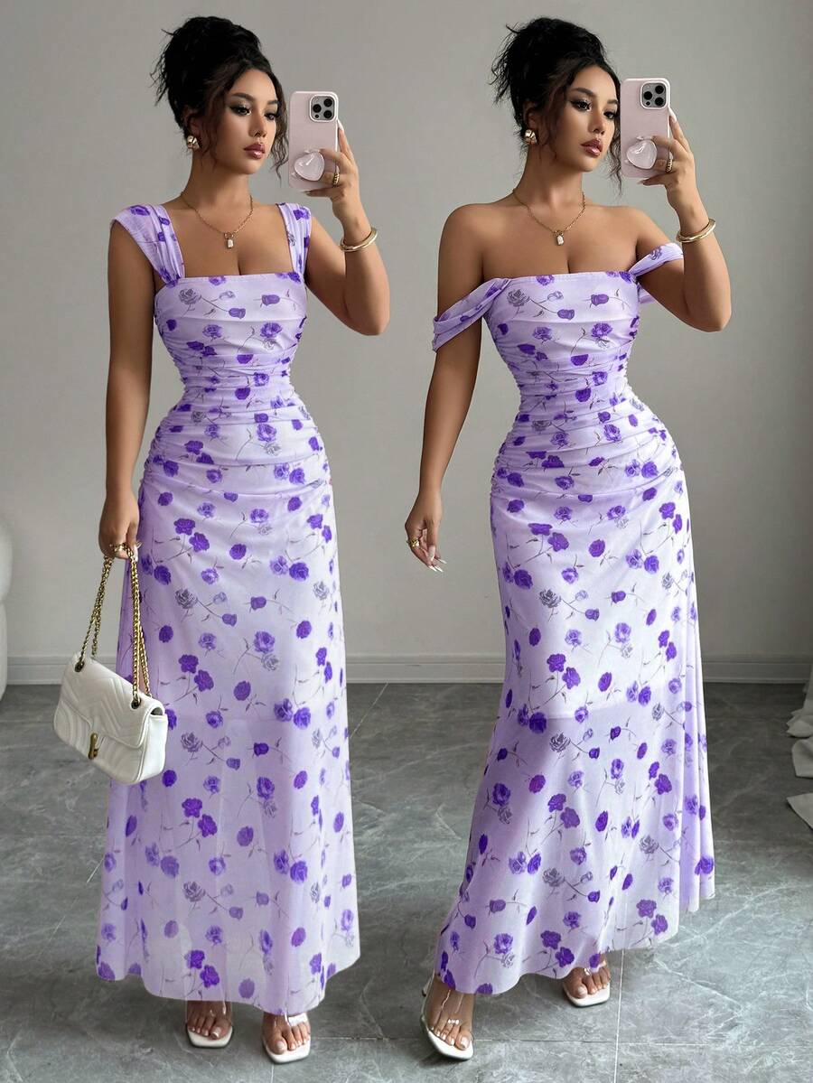 Elenzga New Women's Square Neck Mesh Floral Print Waist Ruched A-Line Dress, Elegant For Dates, Vacation, Waist Cinching, Flattering, Spring/Summer - Purple - View 1
