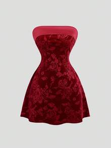 Sweetra Váy chữ A ôm sát bằng vải satin thêu hoa hồng nhung phong cách retro Mỹ gợi cảm, chất lượng cao cấp - Màu Đỏ Sâu - Xem 1