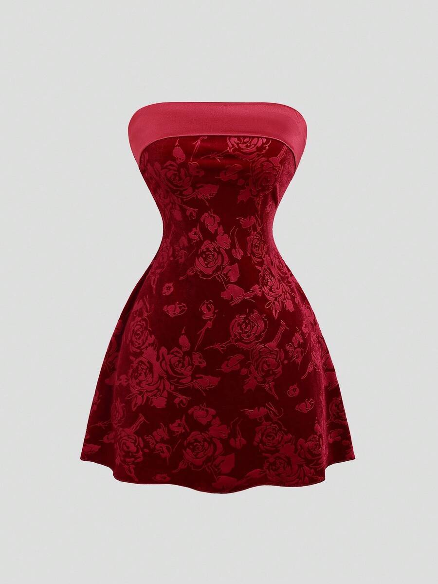 Sweetra Váy chữ A ôm sát bằng vải satin thêu hoa hồng nhung phong cách retro Mỹ gợi cảm, chất lượng cao cấp - Màu Đỏ Sâu - Xem 1