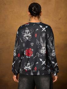 LOONEY TUNES X SHEIN Áo nỉ cổ tròn in họa tiết thỏ và hoa dành cho nữ, mùa thu - trắng - Xem 2