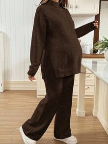 SHEIN Maternity Casual Warm Solid Color Side Slit Sweater And Pants Set, Autumn/Winter - Coffee Brown - View 6