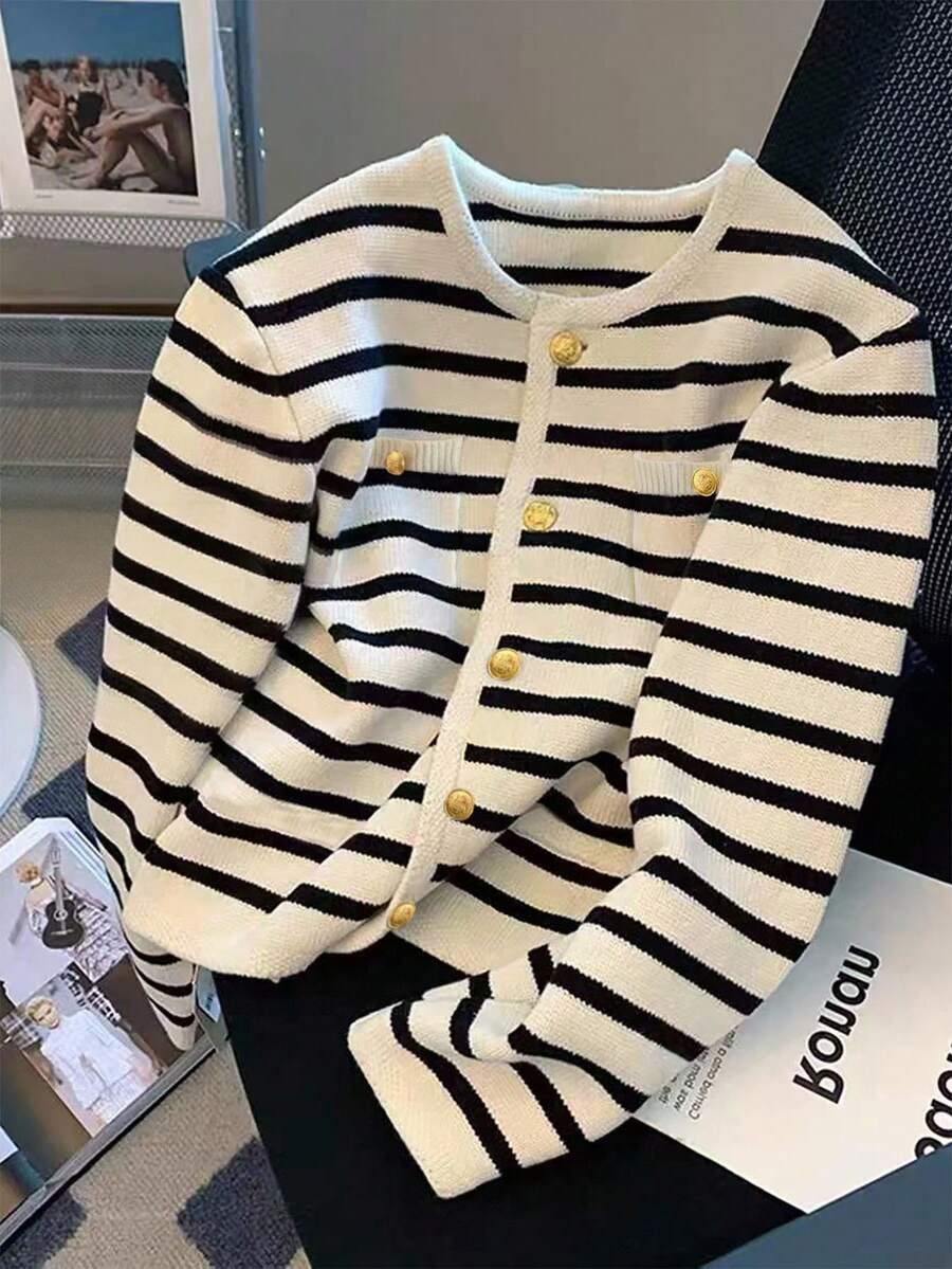 SHEIN Franclia 秋季新款休闲宽松黑白条纹开衫时尚减龄短款针织衫女