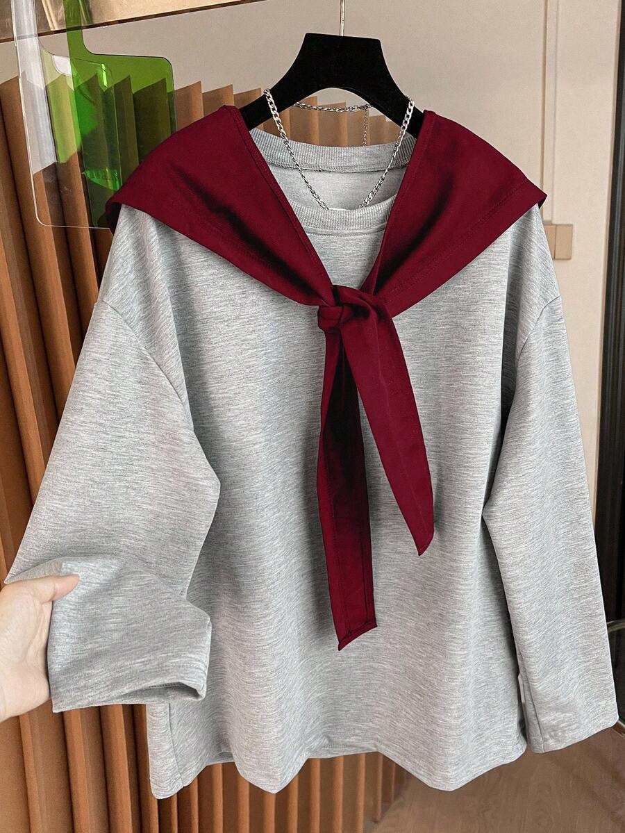 INAWLY 女式休闲拼色长袖套头衫 - 酒紅色 - 查看 1