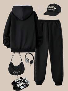 SHEIN Explorewe Casuvi 儿童男童两件套：针织羊毛拼布绗缝连帽衫 + 罗纹袖口运动裤，适合秋冬季休闲、运动、度假 - 彩色 - 查看 2