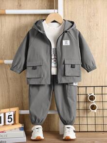 SHEIN 2pcs Baby Boy Autumn/Winter Cute Versatile Blue Jacket With Hood And Elastic Waist Pants Set, Baby Boy Winter Clothes Baby Set Autumn Winter Season Baby Unisex Clothes Sets Baby Boys Outfit Late Fall Baby Boy Casual Set - Grey - View 7