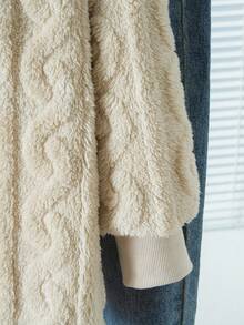 青少年女孩休闲百搭百搭家居服和学校日常粗针织条纹毛绒领前开中长款秋冬夹克 - 卡其色 - 查看 4