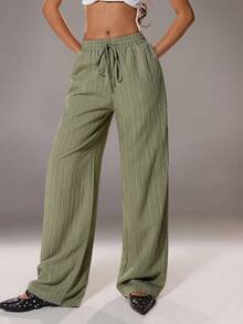 SHEIN Unity Textured Fabric Loose Straight Leg Casual Women Pants - Army Green - View 5