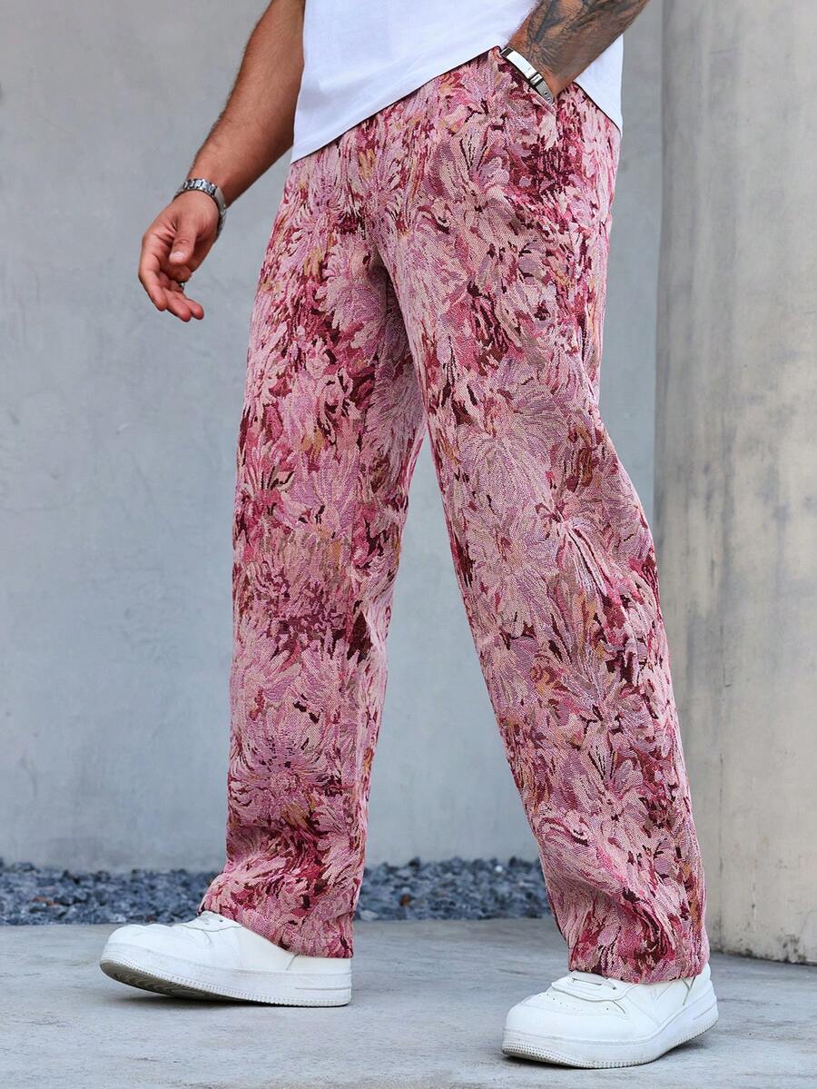 Manfinity Homme 男士宽松夏威夷花卉图案休闲裤，秋季 - 粉色 - 查看 1