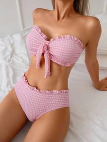 Swim Mod Bộ đồ bơi đi biển cho nữ, vải kẻ sọc hồng trắng có họa tiết, viền nhún bèo, dây đeo rời, thiết kế bandeau, bộ đồ bơi đi biển thường ngày thời trang và ngọt ngào - Hồng - Xem 7