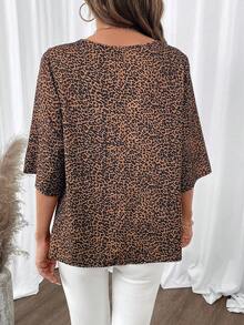 EMERY ROSE 女式豹纹 V 领纽扣设计 3/4 袖宽松时尚衬衫